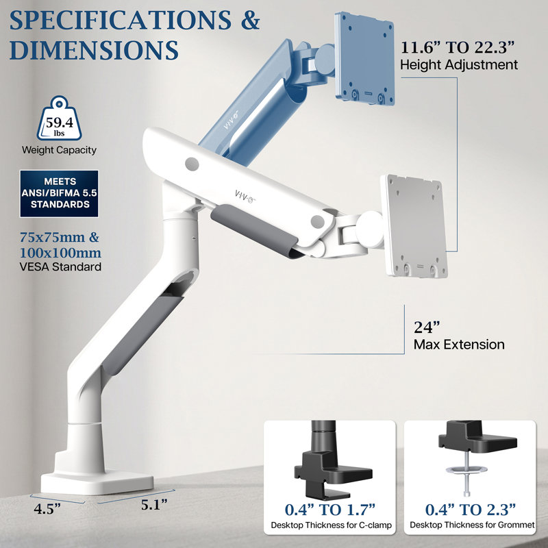Support pneumatique VIVO PRO pour écran ultra-large unique, compatible avec les écrans de 24 à 57 pouces, poids : 27 kg