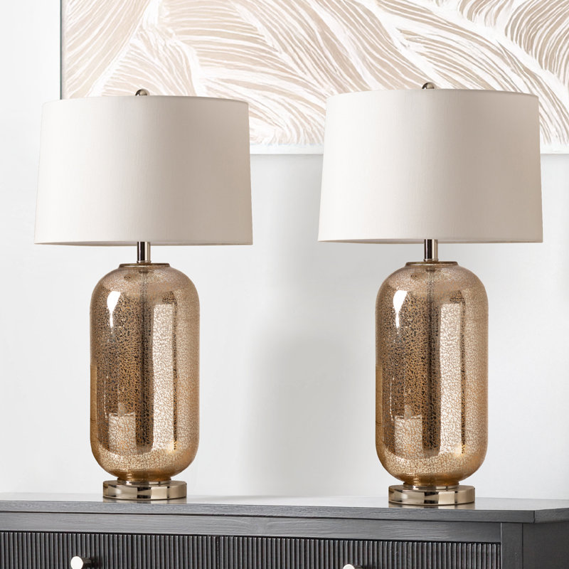 Crosthwait 77.5cm Table Lamp with Glass Base For Bedroom Furniture, Bedside Buffet Lamp with Silk Shade, Champagne, Cream