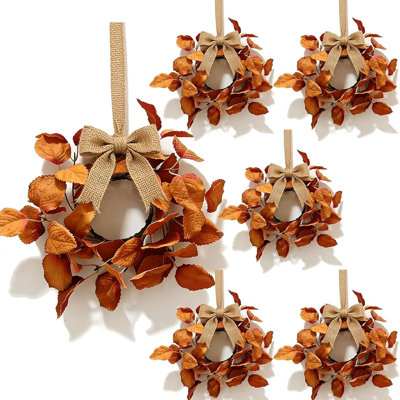 6 petites couronnes d'automne avec feuilles d'automne dans des tons orange brûlé et rouge rouille, armoire rustique et décoration de table pour la cuisine, l'Action de grâce de ferme et la décoration saisonnière