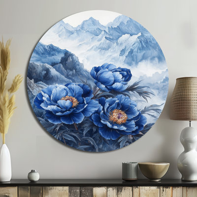 Verdie - pivoines rondes, impression sur métal bleu traditionnel
