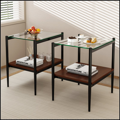 Tempered Glass End Tables – Set of 2 – MDF Bottom Shelf, Iron Legs, Modern Rectangle Design
