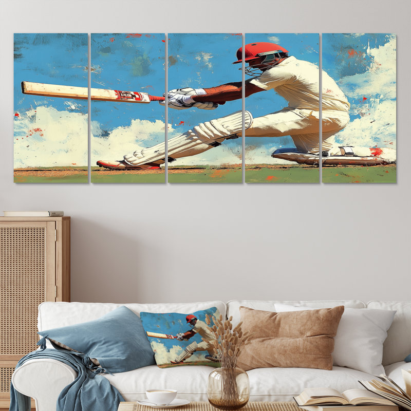 Blanc et bleu Sport Cricket Indian Cricket Sport - ensemble d'art mural Cricket Sport, H 32 po x l 80 po