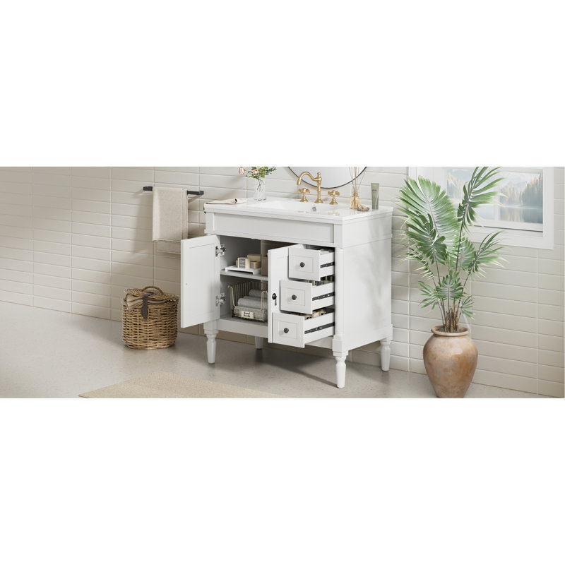 Meuble-lavabo 36 po avec lavabo en céramique, tiroirs standard, portes à fermeture douce, tablettes réglables, armoire de rangement moderne pour les petites et moyennes salles de bain