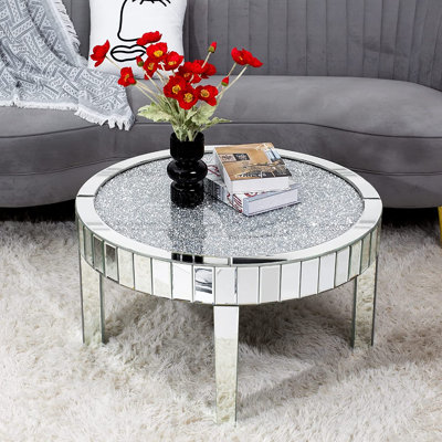 Round Coffee Table Mirrored Diamonds Inlay