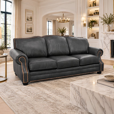 Stana 100" Wide Genuine Leather Sofa with Nailhead Trim