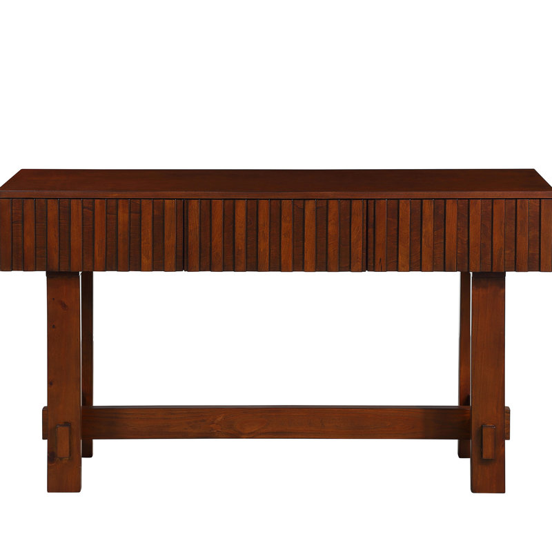 Table de salon de style Mid-Century en bois massif et cannelé. Console de 52 po en cerisier pour décorer les pieds en pin. Tiroirs cannelés,