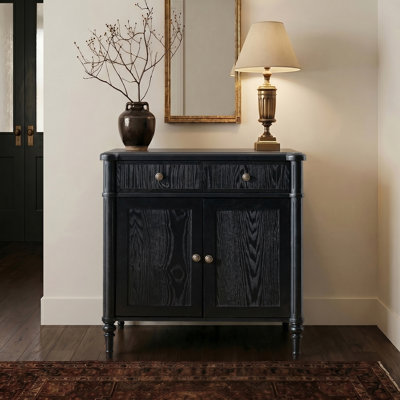 Hoai Transitional 32" Wide 1-Drawer 2-Door Accent Cabinet with Solid Wood Spindle Columns