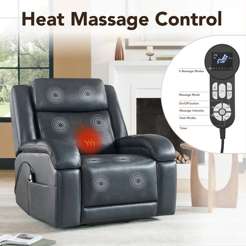 Dual Motor Top Grain Leather Power Lift Recliner with Massage and Heat and Power Headrest, Navy