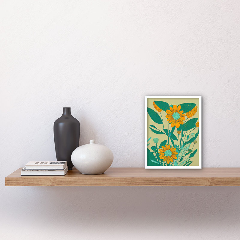 Yellow Flower Painting Turquoise Colourful Bold - Print, 25.9cm H x 20.6cm W x 1.5cm D, White Framed Unframed