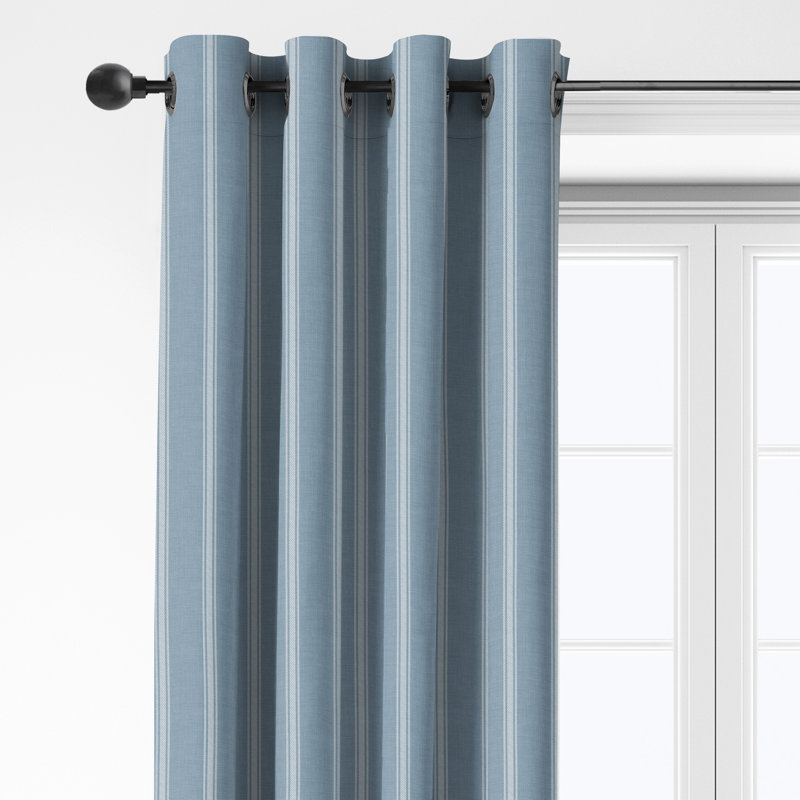 Shay Broad Ticking Stripe Cornflower Cotton Grommet Top Drapery Panel Set of 2, 50" W  x 228" L
