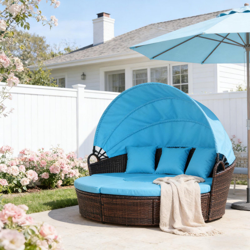 Ensemble de conversation pour l'extérieur, ensemble de mobilier modulaire de patio, lit de jour rond en rotin 4 pièces, Bleu