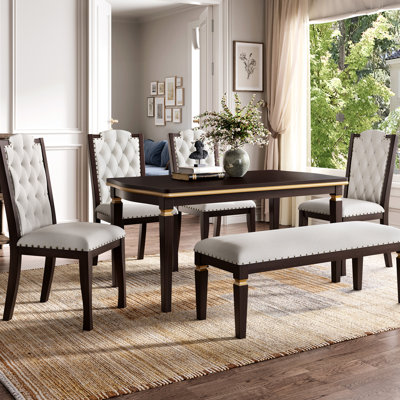 6 Solid Wood Dining , 60" Rectangular Table, 4 Chairs And Bench, For Dinner Parties 6 , One Bench