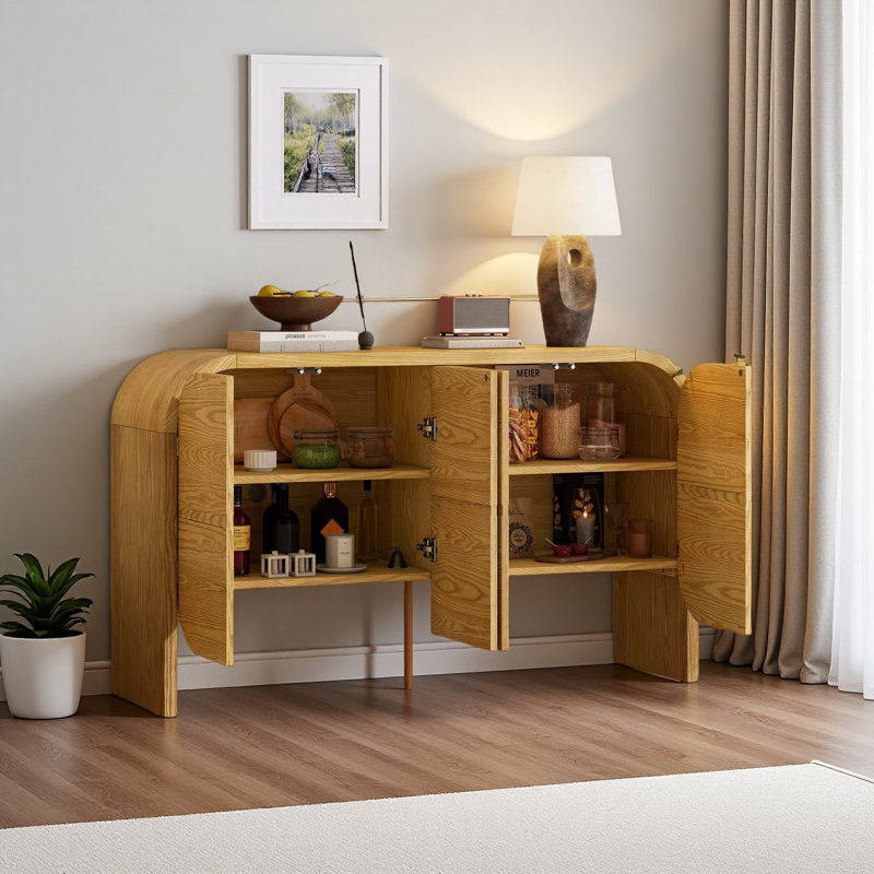Buffet avec rangement, buffet en bois à bord arrondi, crédence rétro à 4 portes avec tablettes réglables pour le salon et la cuisine