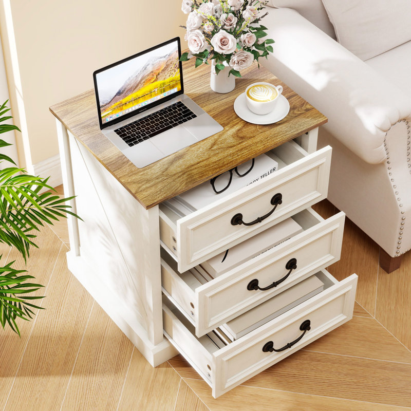 Farmhouse End Table With Charging Station, 3-Drawer Nightstand With USB Ports & Smiling Handle, Rustic Wood Bedside Table For Living Room/Bedroom