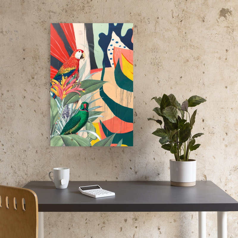 Vibrant, perroquets tropicaux abstraits, coloré, oiseau moderne, nature, impression murale, 18" H x 12" W
