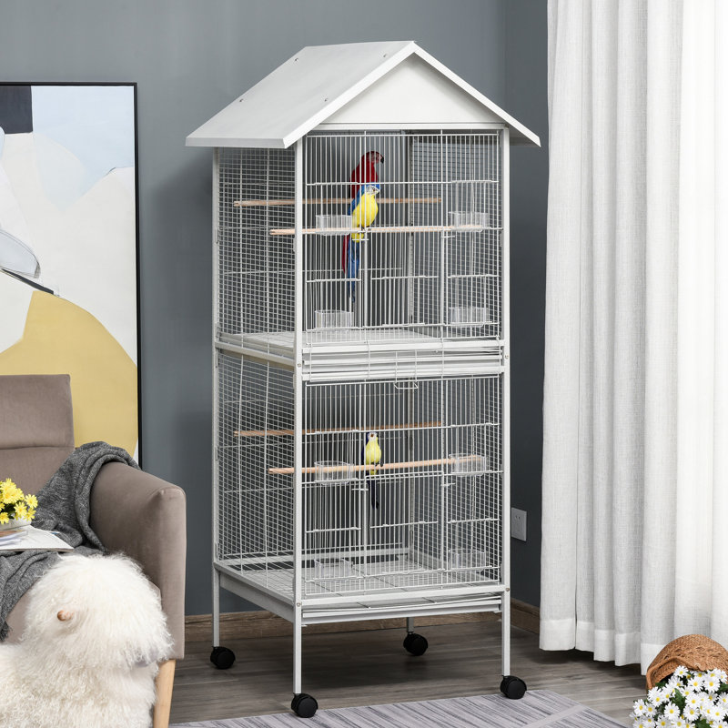 Wrought Metal Bird Cage Feeder With Rolling Stand Perches Food Containers Doors Wheels 67" H, White