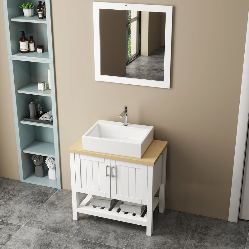 Meuble-lavabo 32 po avec lavabo, meuble-lavabo simple avec portes et tablette ouverte, petit meuble-lavabo en bois massif avec lavabo et miroir, pour salle de bain, blanc et naturel
