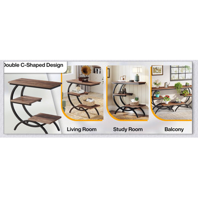 Table de bout en forme de C 11,81 pouces, table d'appoint industrielle à 3 niveaux avec tablettes de rangement, parfaite pour les petits espaces et les décors modernes