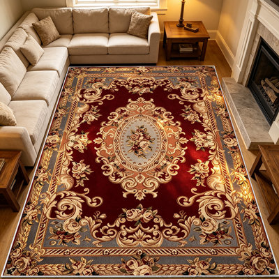 Tapis d'intérieur vintage bordeaux et or à motif floral damassé (1 pièce), doux et confortable, idéal pour le salon, toutes saisons, facile d'entretien et lavable à la machine. Parfait sous une table, dans une salle à manger, une chambre, une entrée, une cuisine ou un hall d'entrée.