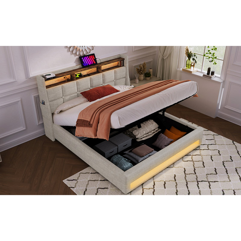 Modern Upholstered Queen Bed With Socket & Led Decor - Natural Platform Hydraulic Storage System Colorful Linen, Queen