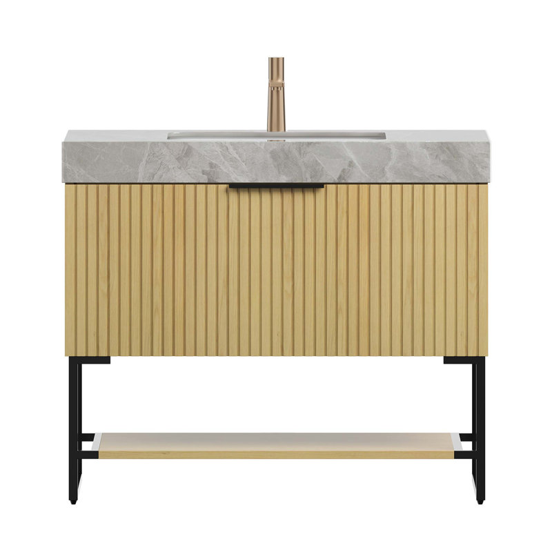 Meuble-lavabo 36 po, meuble de rangement autoportant rayé avec tiroir et tablette ouverte, comptoir en pierre frittée et lavabo encastré en céramique, pré-assemblé