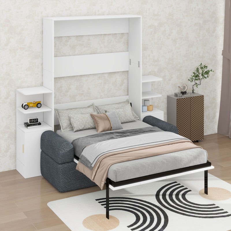 Lit escamotable complet avec canapé, cadre de lit mural peu encombrant avec armoires de rangement, Blanc / Gris