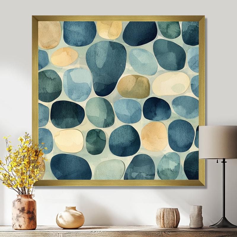 «Oberly Minimalist Meditation Stone Collage V», art mural méditation, Reproduction encadrée d'une seule photo, Doré