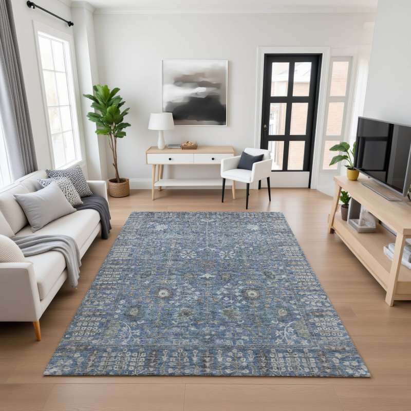 Premium Machine Washable Mayfield AMF2231 Global Rug, Blue, 5' x 7'6"