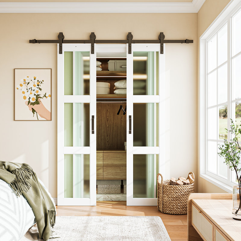 Double porte de grange coulissante en verre givré H 84 po à 3 portes doubles avec porte en bois massif et quincaillerie d'installation 36 po x 84 po
