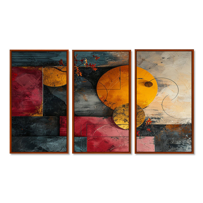 Double Moon Rising Turquoise Gold II - ensemble d'art mural géométrique, H 28 po x l 36 po x P 1 po, Cadre flottant brun