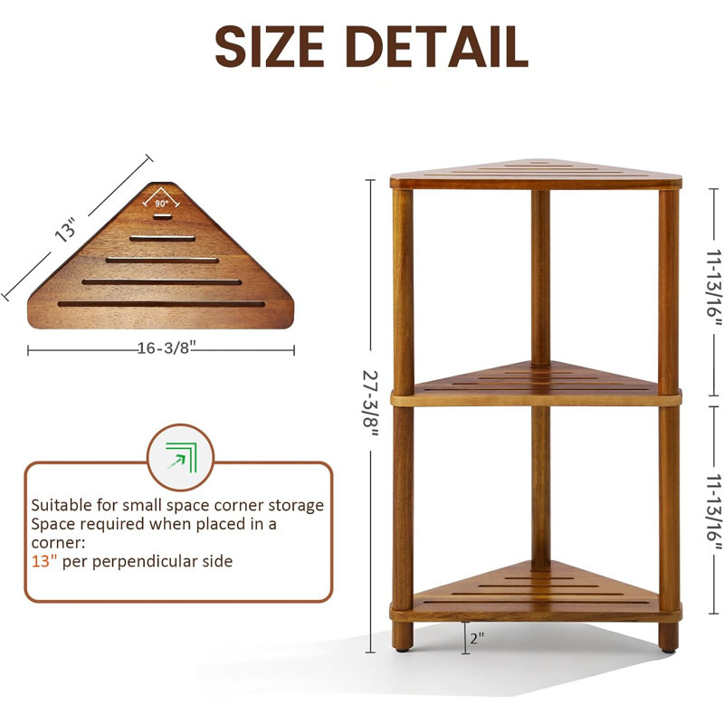 Étagère de coin de douche, panier de douche sur pied à 3 niveaux en bois d'acacia, rangement