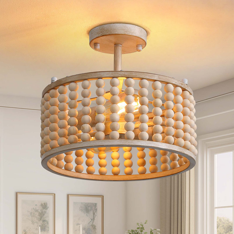 Cirilis 2-Light 12.6'' Boho Solid Wood Beaded Semi Flush Mount