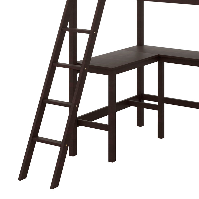 Lit surélevé simple avec tablettes intégrées et zone d'apprentissage, Espresso