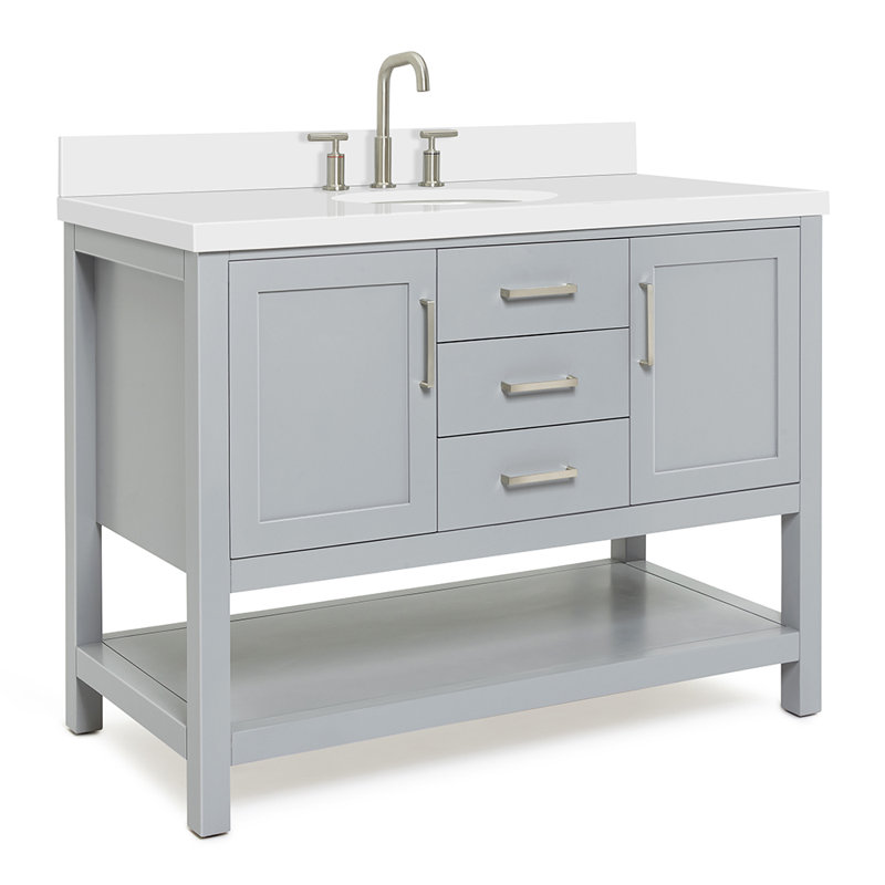61'' Single Bathroom Vanity with White Quartz Top, Gray, Oval
