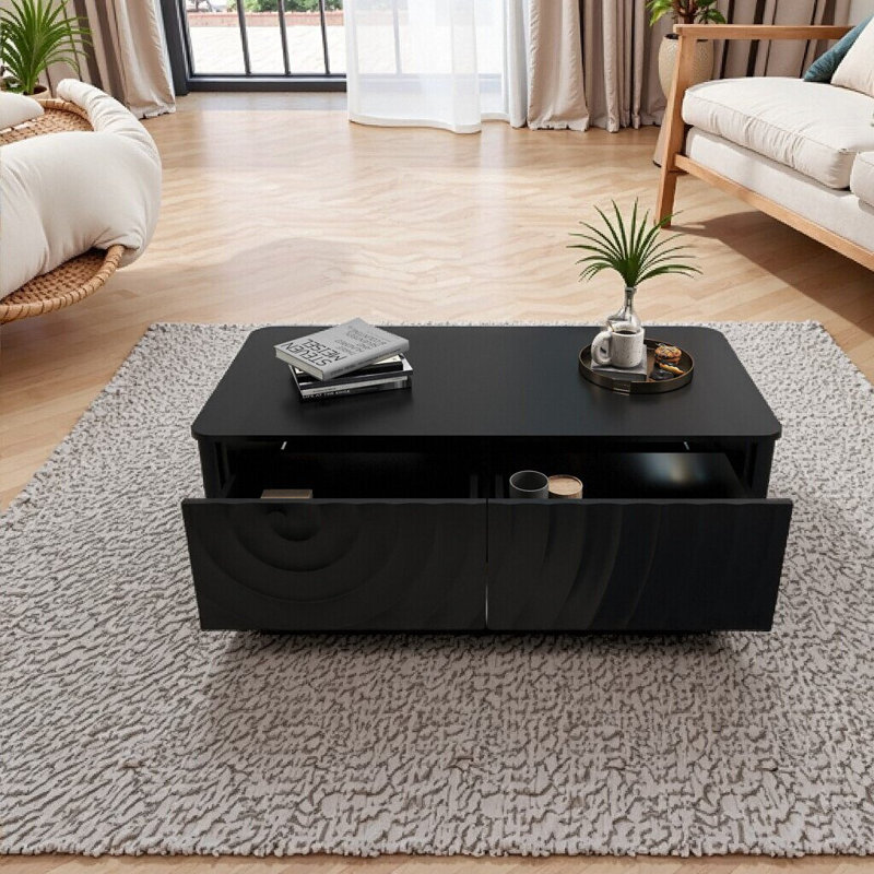 Table basse avec 2 tiroirs, conception à texture ondulée, table basse de rangement pour le salon, Noir