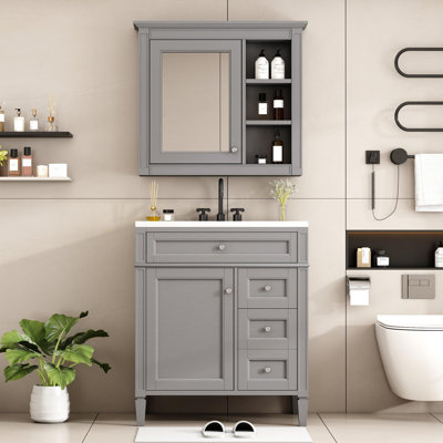 30"Freestanding Bathroom Vanity with Resin Sink and Mirror Cabinet