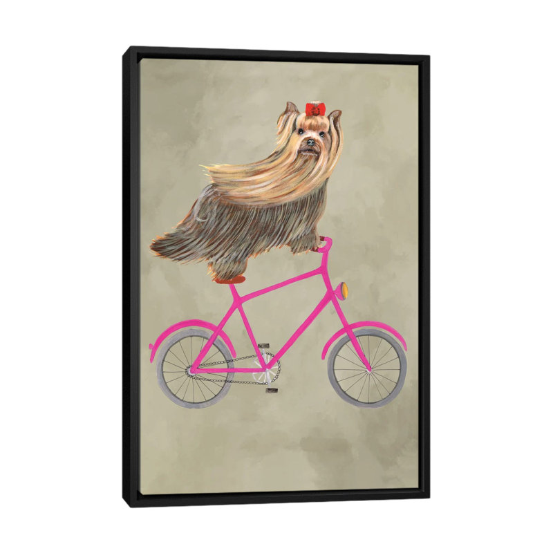 «Yorkshire on Bicycle», reproduction d'art sur toile, H 26 po x l 18 po x P 1,5 po, Toile avec cadre noir, Pas de tapis