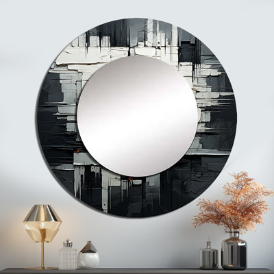 Gris et noir fantaisie horizon - peinture abstraite murale miroir, miroir décoratif rond moderne, impression d'art en métal