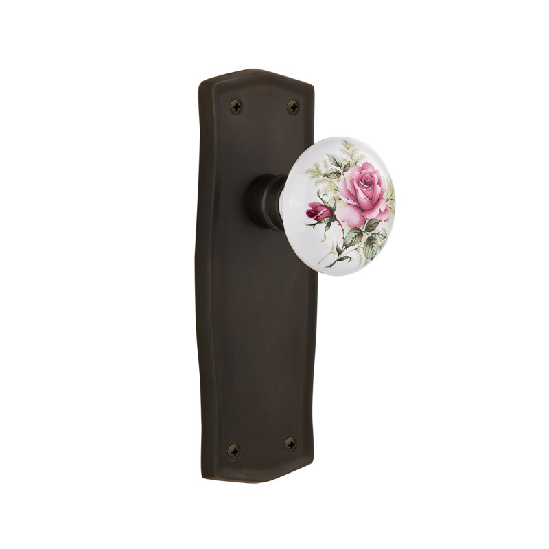 Plaque Prairie avec poignée de porte en porcelaine blanche, 2 3/8 po, Bronze frotté à l'huile