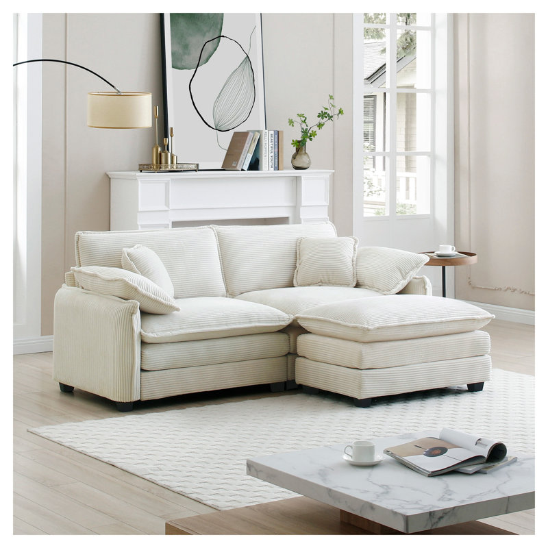 Canapé modulaire en L beige avec repose-pieds 2 places pour petits espaces de vie, Velours côtelé beige