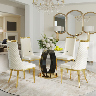 Round Tempered Glass Dining Table Set, Luxury Dining Table with High Backrest Dining Chair for Dining Room