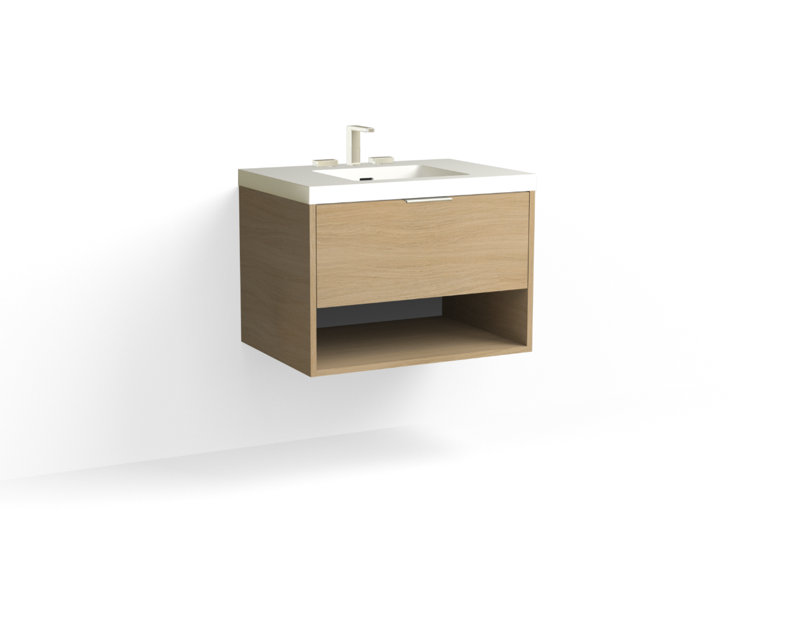 Modo 30" W Wall Mounted Single Bathroom Vanity, Glossy White/8" Widespread, Biondo, Polished Nickel