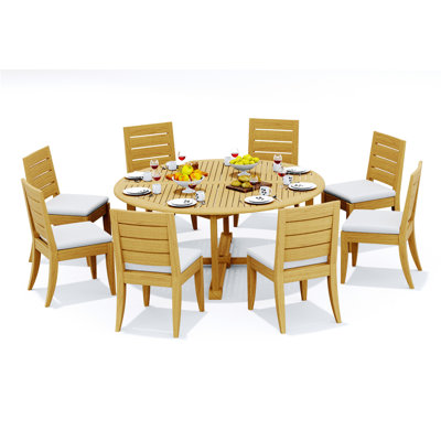 Ensemble de salle à manger en bois de teck Grade-A: table ronde et chaises sans accoudoirs Atnas