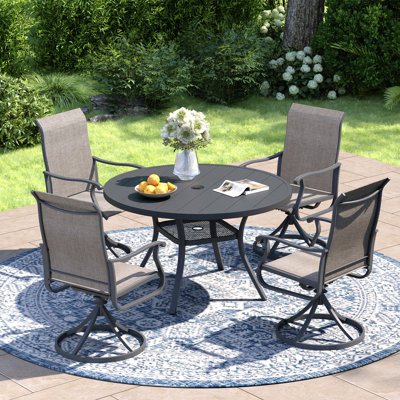 4-Person Patio Dining Set with Round Metal Dining Table and 4 Textilene Swivel Chairs by Red Barrel Studio