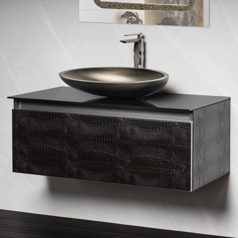 23.6 Single Bathroom Vanity with Top, 35", Black Tempered Glass, Dark Crocodile