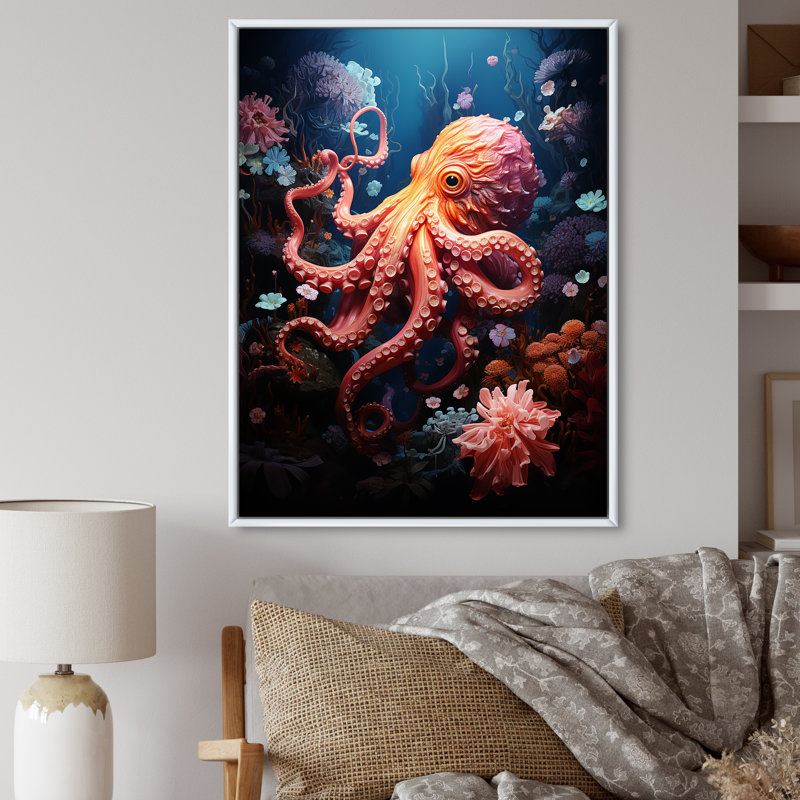 Reproduction d'art sur toile Coral Teal Octopus - animaux, H 20 po x l 12 po x P 1 po, Cadre flottant blanc