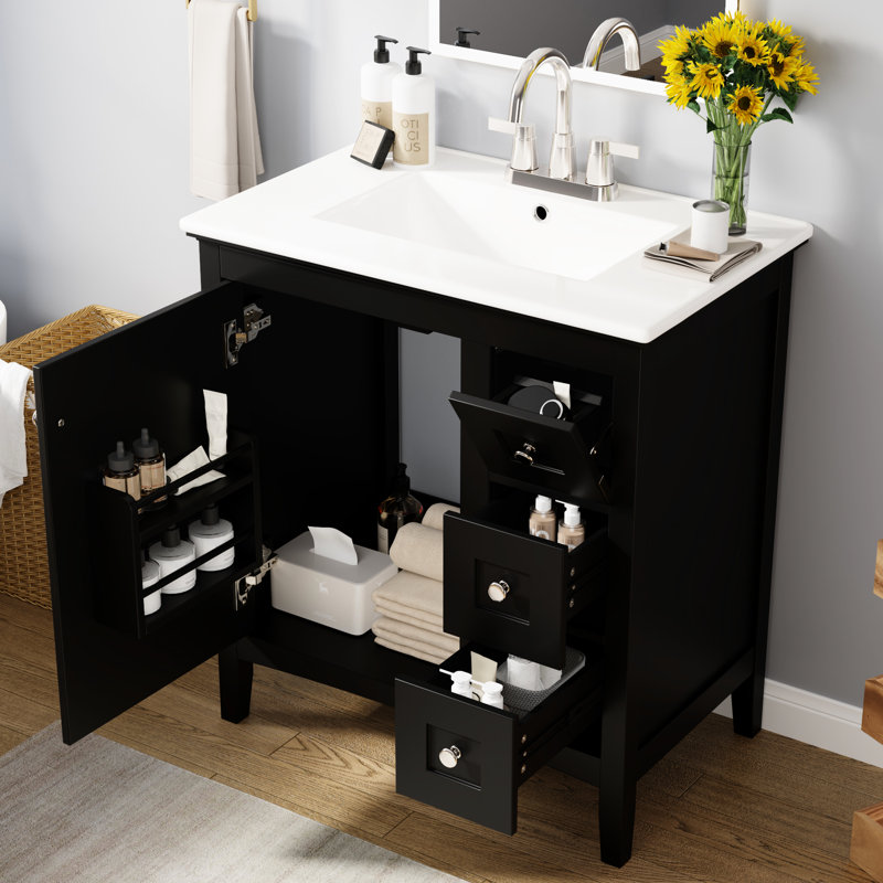 Meuble-lavabo noir 30 po avec lavabo en céramique, Noir