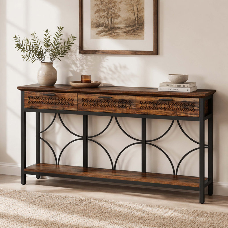 Console à 3 tiroirs sculptés en bois rustique à découpes circulaires en métal noir