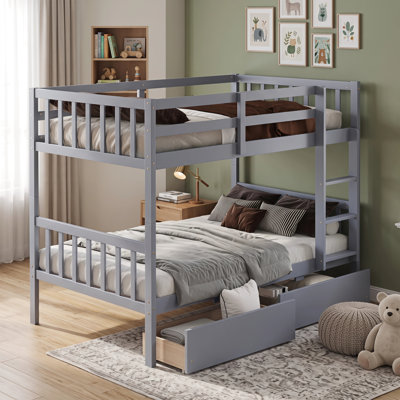 Lit superposé simple convertible en bois d'hévéa avec 2 tiroirs de rangement, échelle et garde-corps de sécurité