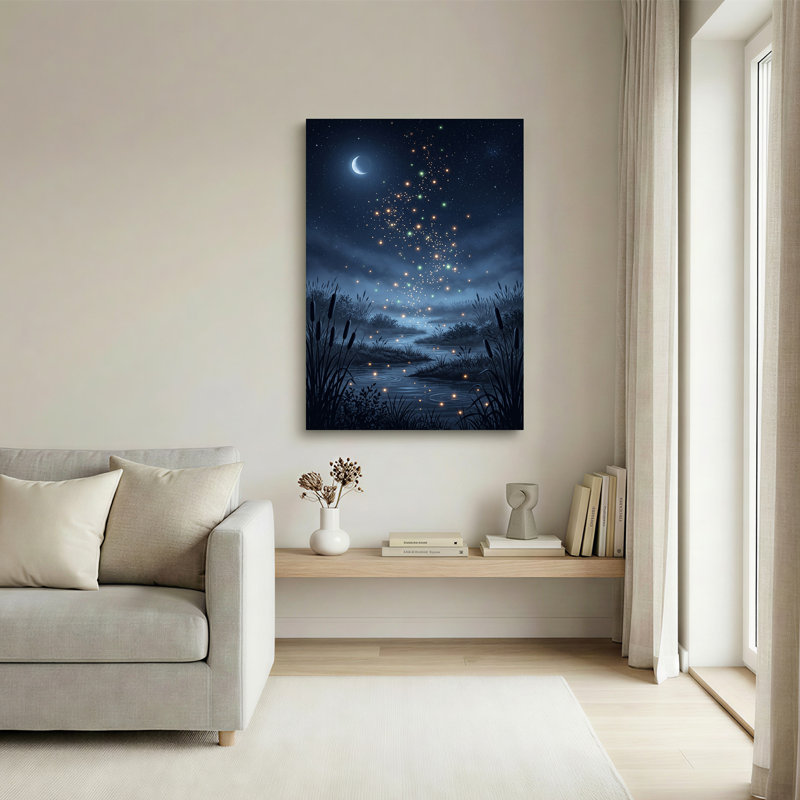 Art mural sur toile, "Glowing Fireflies Over Blue Night Stream", 36"H x 24"W